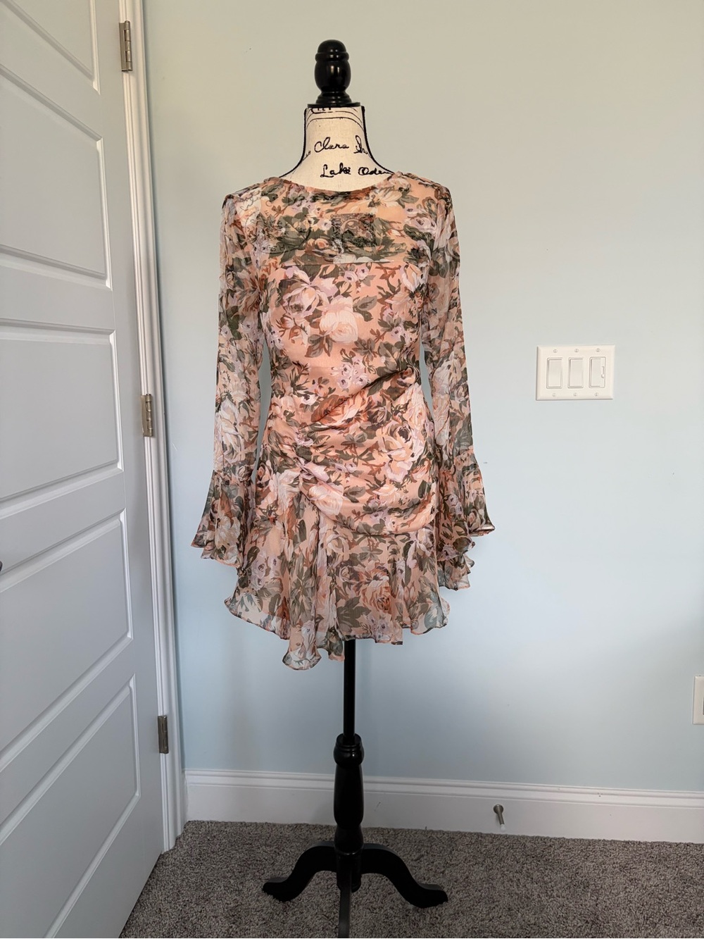 Aura Peach Floral Ruffled Long Sleeve Dress